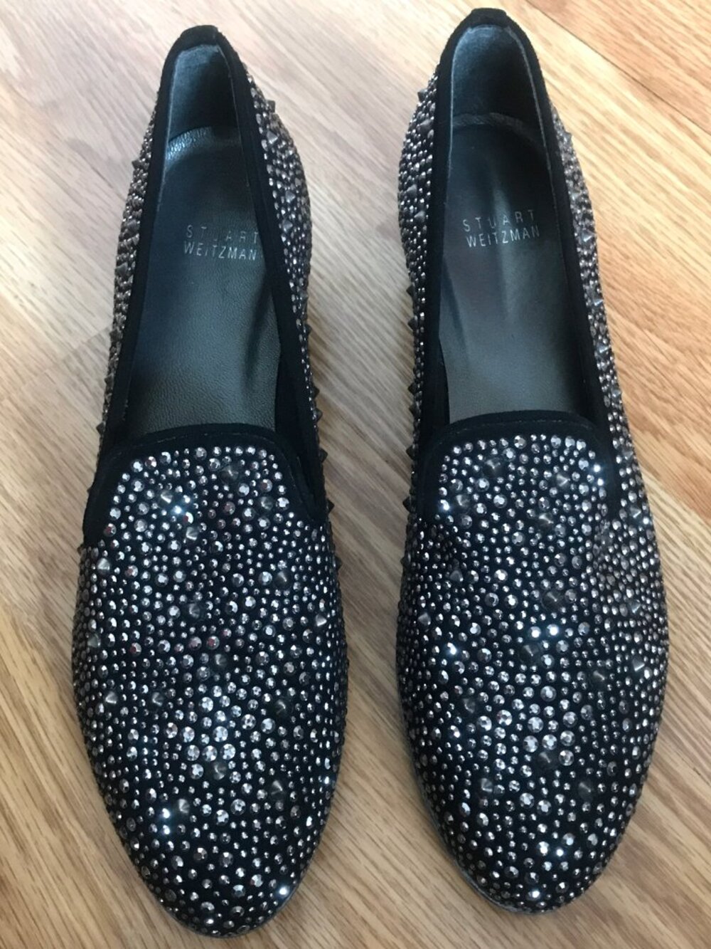 Stuart Weitzman Slipbeads Black Suede Studded Sparkly Rhinestone Loafers 8 - Picture 4 of 12